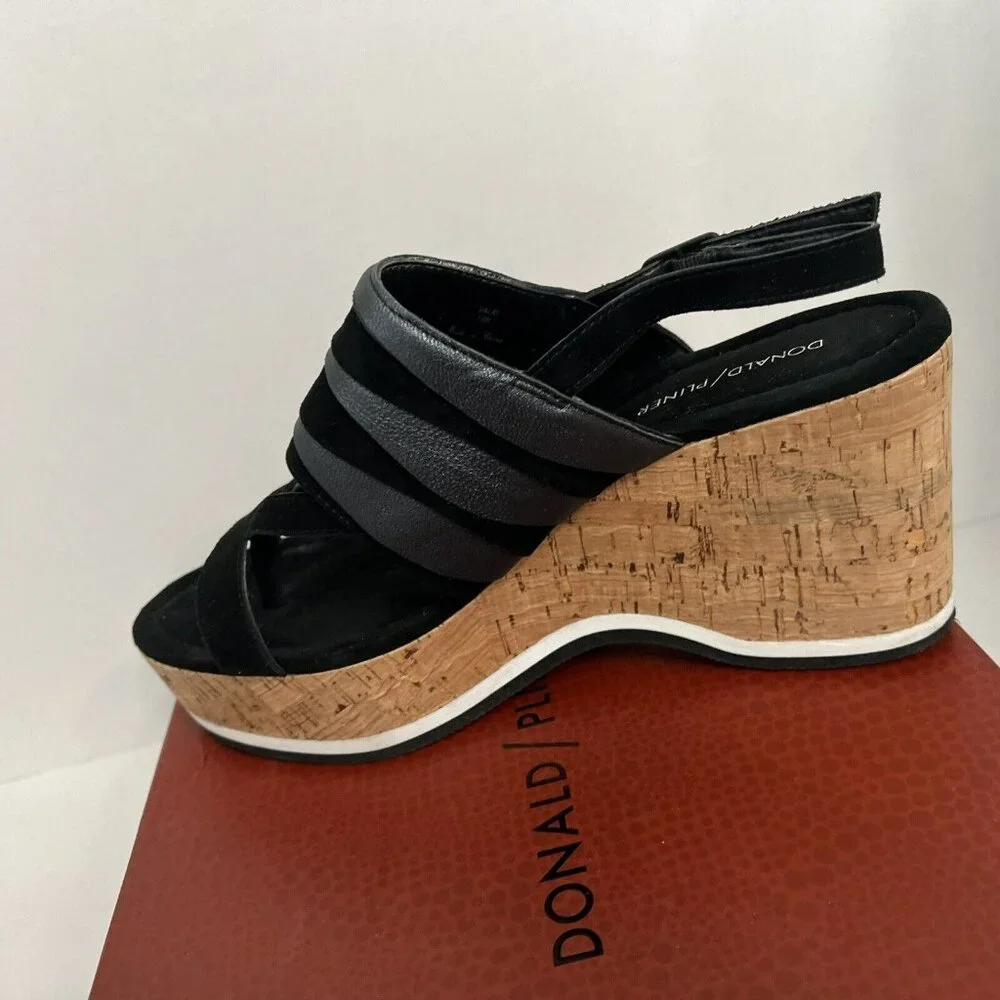 Donald Pliner Valri Wedge‎ Sandals Women's 10 Solid Black Strappy Slingback NWB